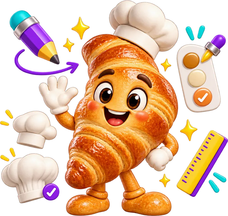 Mascote de croissant acenando cercado por lápis, conta-gotas com cores e dois chapéus de chef comparados