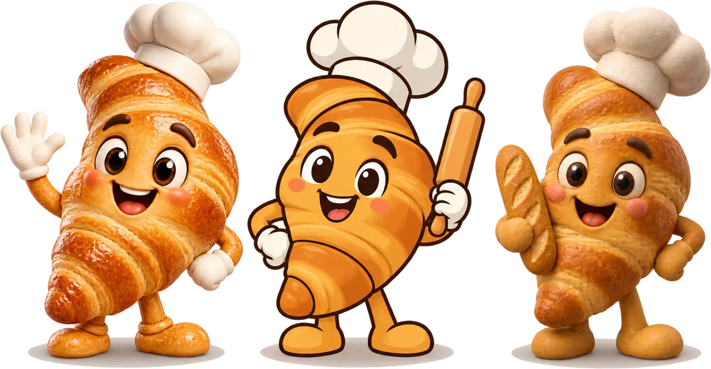 Três conceitos do mesmo mascote de croissant chef: um em 3D brilhante, um em 2D com contorno e um em massinha