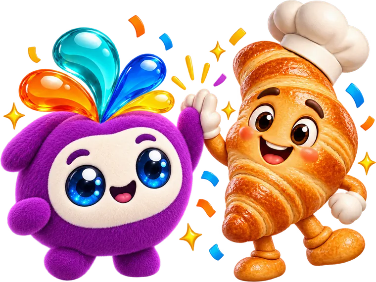 O mascote roxo da Animascote e o mascote de croissant batendo as mãos, comemorando