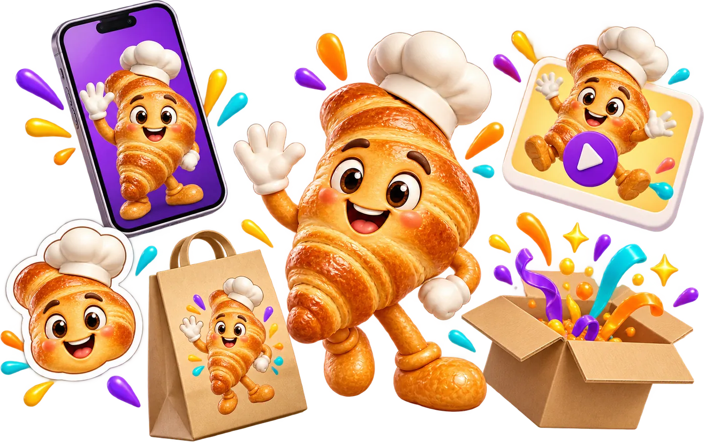 Mascote de croissant comemorando entre um celular com post, um vídeo, um adesivo, uma sacola de padaria e uma caixa de entrega