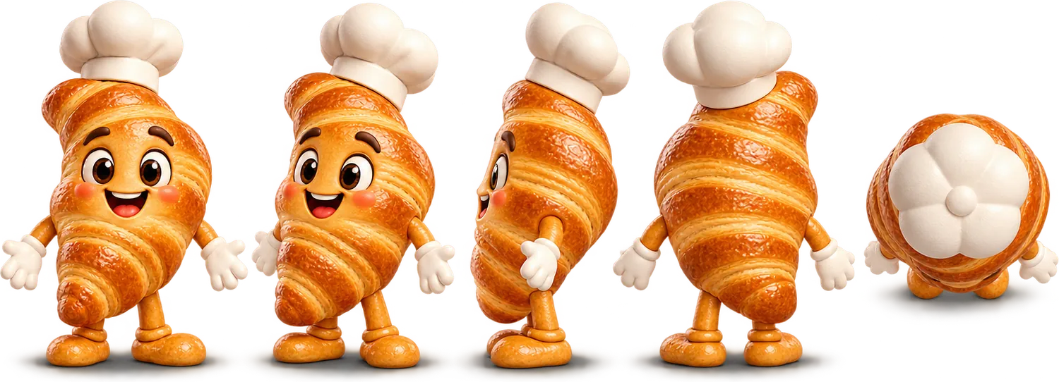 Ficha do mascote de croissant em cinco vistas: frente, 45 graus, lado, costas e de cima
