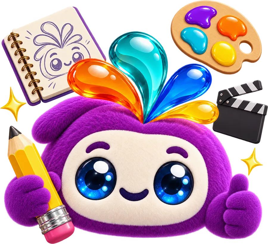 Mascote roxo da Animascote segurando um lápis e fazendo joinha, cercado por caderno de esboços, paleta de cores e claquete