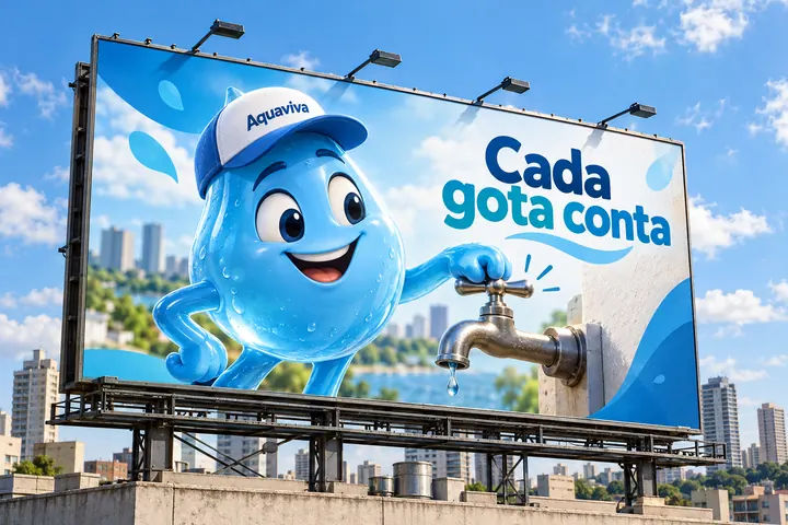 Outdoor da campanha de economia de água da Aquaviva com o mascote Pingo, uma gota d'água 3D