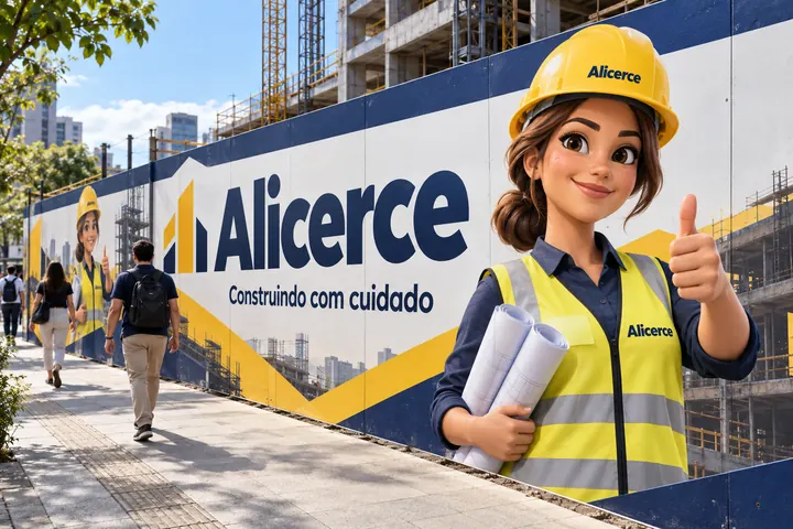 Tapume de obra da construtora Alicerce com a mascote Rita, engenheira 3D de capacete segurando uma planta