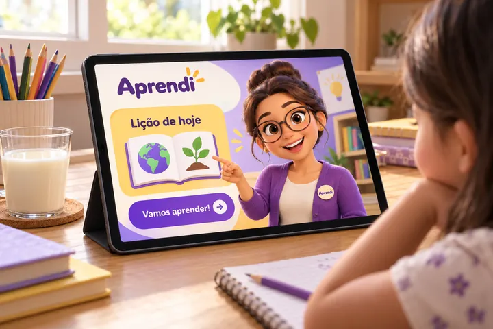 Tablet com o app educativo Aprendi e a mascote Professora Ana, professora 3D apontando para uma lição