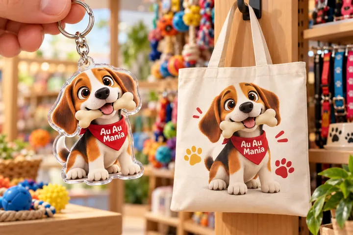 Ecobag e chaveiro de acrílico do pet shop Au Au Mania com o mascote Pipoca, cachorrinho 3D com bandana