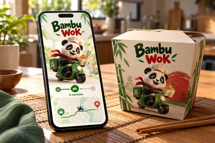 Celular com a tela de pedido do restaurante Bambu Wok e o mascote Bambu, panda 3D segurando uma caixinha de yakisoba