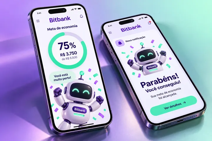 Celular com o app do banco digital Bitbank e o mascote Bit, robozinho 3D comemorando uma meta de economia
