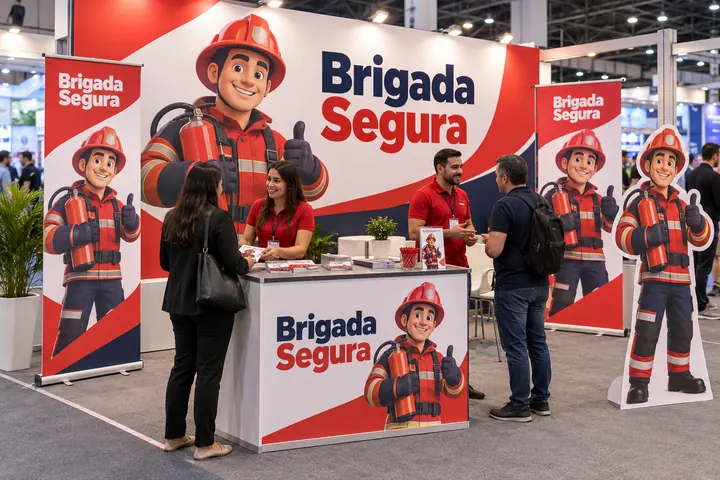 Estande de feira da Brigada Segura com painel e display de papelão em tamanho real do mascote Léo, bombeiro