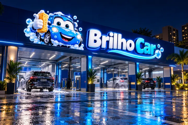Fachada do lava-rápido Brilho Car com letreiro luminoso e o mascote Turbo, carrinho 3D cheio de espuma