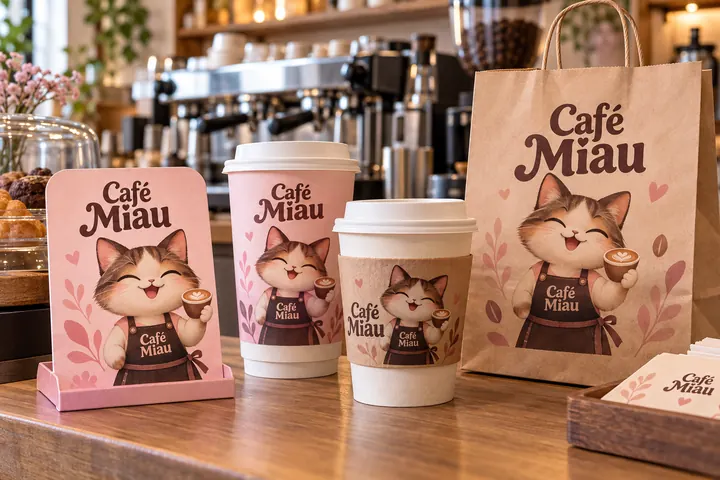 Copos de café, sacola e display de balcão da Café Miau com a mascote Mimi, gatinha barista, impressa