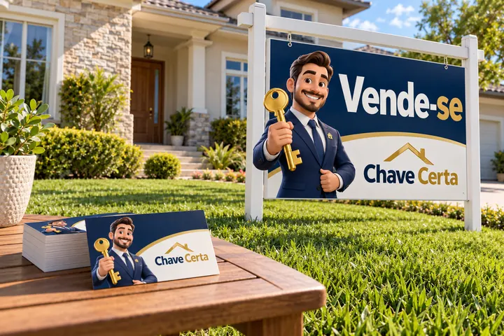 Placa de venda de imóvel e cartões de visita da Chave Certa com o mascote Marcos, corretor 3D segurando uma chave
