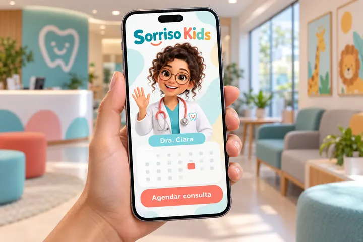 Celular com o app de agendamento da clínica Sorriso Kids, com a mascote Dra. Clara, pediatra 3D de jaleco, acenando na tela