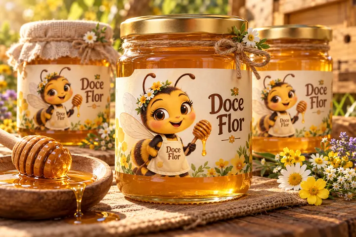 Potes de mel com rótulo do Apiário Doce Flor e a mascote Mel, abelha 3D segurando uma colher de mel