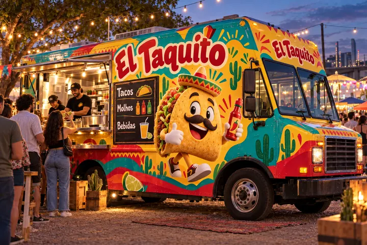 Food truck El Taquito adesivado com o mascote Taquito, um taco 3D de sombrero