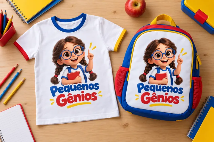 Camiseta de uniforme e mochila da escola Pequenos Gênios com a mascote Lia, menina 3D de tranças segurando um livro