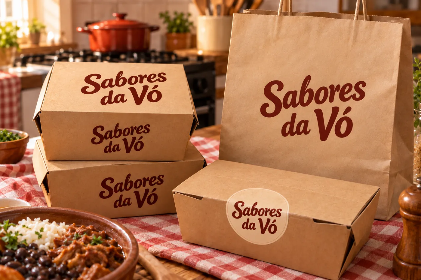 Embalagens de delivery da Sabores da Vó, sem mascote