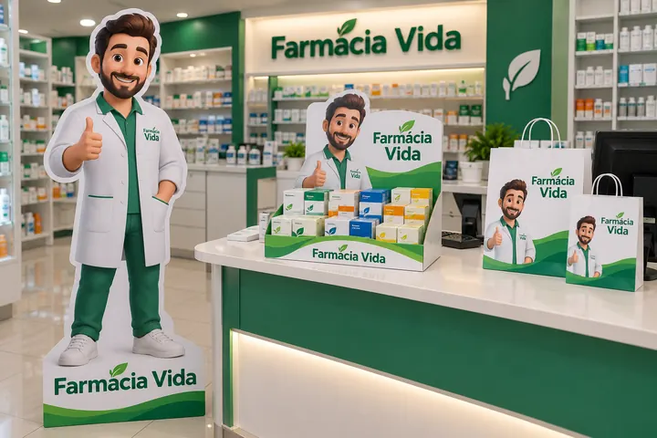 Display de papelão e sacolas da Farmácia Vida com o mascote Paulo, farmacêutico, impresso