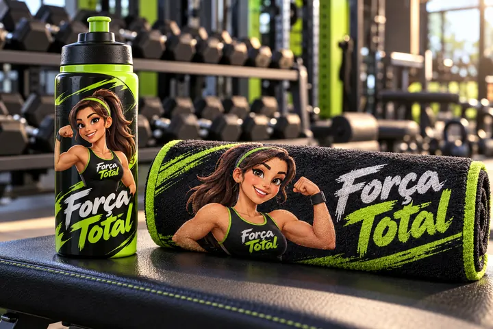Garrafa squeeze e toalha da academia Força Total com a mascote Duda, personal trainer 3D flexionando o braço