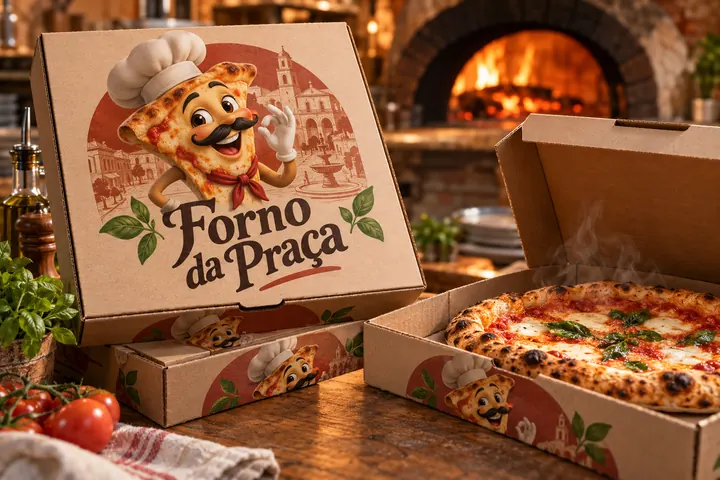 Caixa de pizza da pizzaria Forno da Praça com o mascote Pepê, fatia de pizza 3D de chapéu de chef