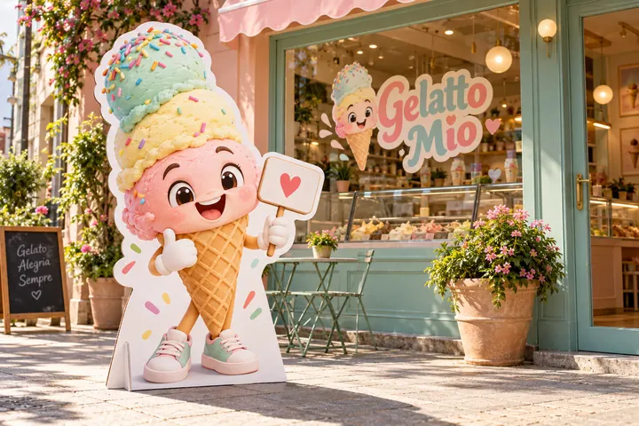 Display de chão em formato de mascote da sorveteria Gelatto Mio na calçada, com o mascote Gelato, casquinha de sorvete 3D