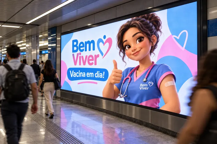 Painel digital no metrô com a campanha de vacinação do Hospital Bem Viver e a mascote Joana, enfermeira 3D
