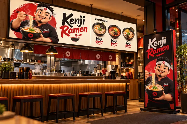 Menu luminoso e totem do restaurante Kenji Ramen com o mascote Chef Kenji, cozinheiro 3D segurando uma tigela de lámen