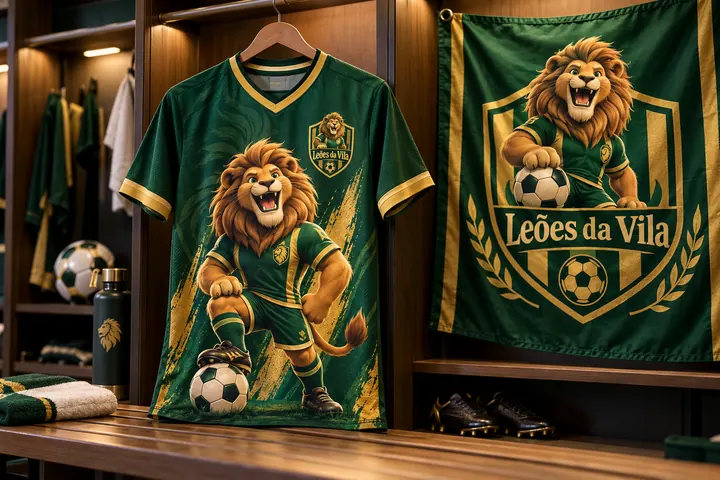 Camisa de futebol e bandeira do time Leões da Vila com o mascote Rugido, leão 3D com a bola no pé