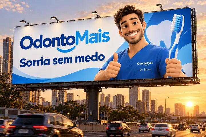 Outdoor da clínica OdontoMais numa avenida, com o mascote Dr. Bruno, dentista 3D sorridente segurando uma escova gigante