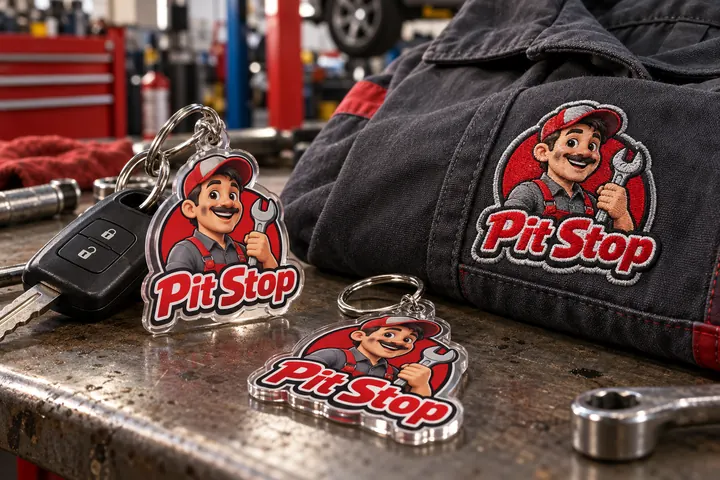 Chaveiros de acrílico e macacão bordado da oficina Pit Stop com o mascote Zé, mecânico 3D com chave inglesa