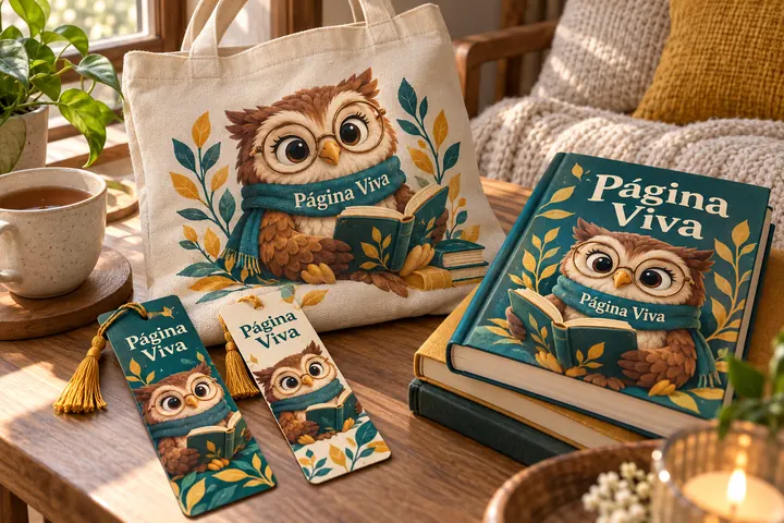 Marcadores de página e ecobag da livraria Página Viva com a mascote Sábia, coruja 3D lendo um livro