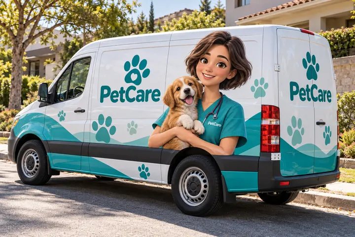 Van adesivada da clínica PetCare com a mascote Bia, veterinária 3D segurando um filhote de cachorro