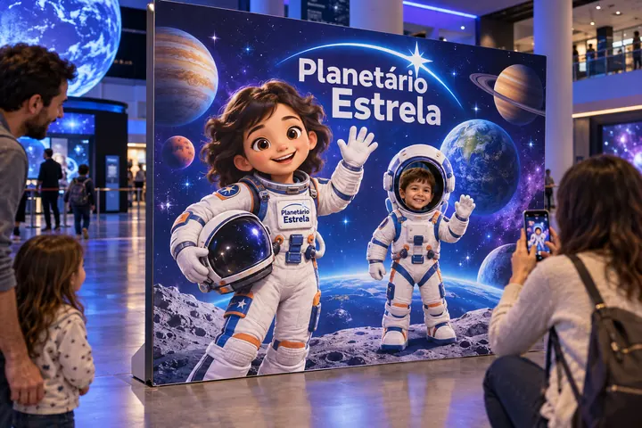 Painel de fotos do Planetário Estrela com a mascote Nina, menina astronauta 3D, e crianças posando
