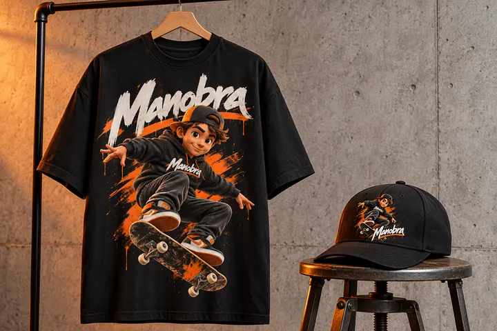 Camiseta preta e boné da marca Manobra com o mascote Téo, menino skatista 3D de boné virado