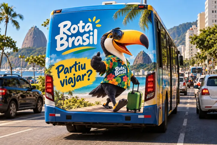 Traseira de ônibus com o anúncio da agência Rota Brasil e o mascote Tuca, tucano 3D de óculos escuros com mala