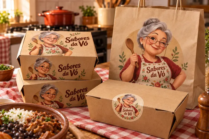 Caixas de marmita e sacola de delivery da Sabores da Vó com a mascote Vó Cida, vovó 3D de avental e colher de pau