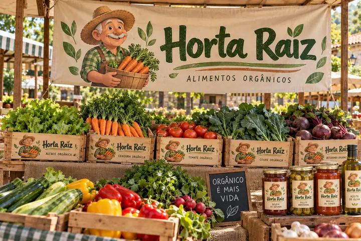 Banca de feira do Horta Raiz com banner, rótulos e caixas estampadas com o mascote Seu Tonico