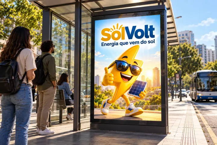 Painel luminoso em abrigo de ônibus da SolVolt com o mascote Volt, raio 3D segurando uma placa solar