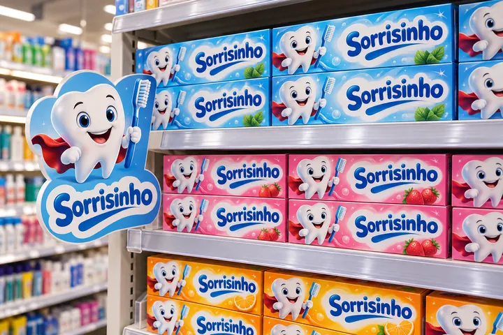 Embalagens de creme dental infantil Sorrisinho na gôndola com o mascote Dentinho, dente 3D com escova