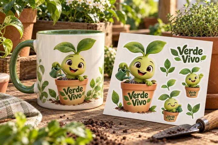 Caneca e cartela de adesivos do garden center Verde Vivo com o mascote Brotinho, plantinha 3D num vaso