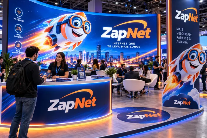 Estande de evento da provedora ZapNet com o mascote Zap, foguete, no painel de LED e em display de papelão