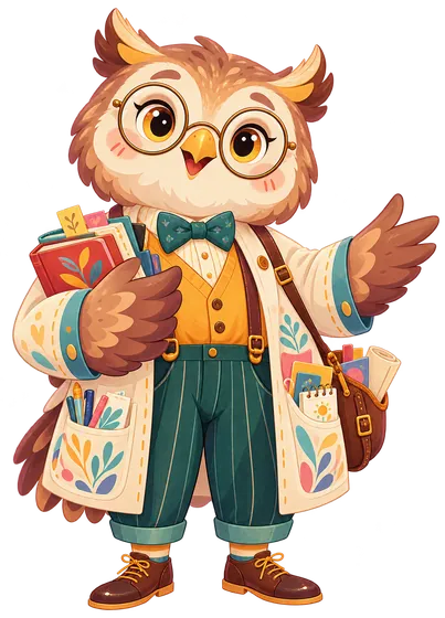 Mascote 2D de coruja professora de óculos, carregando livros