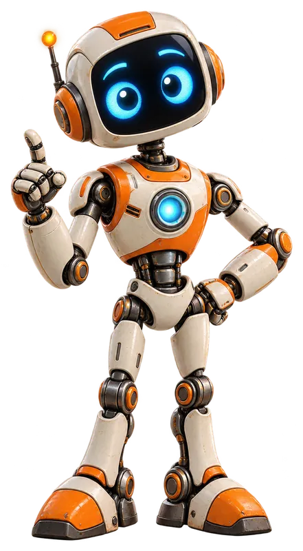 Mascote 3D de robô assistente branco e laranja fazendo sinal de positivo