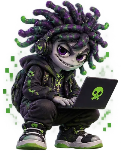 Vilão 3D Vírus Hacker, de fones e notebook com caveira