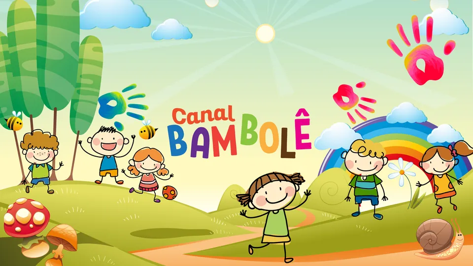 Arte do canal Bambolê: crianças desenhadas brincando num campo colorido